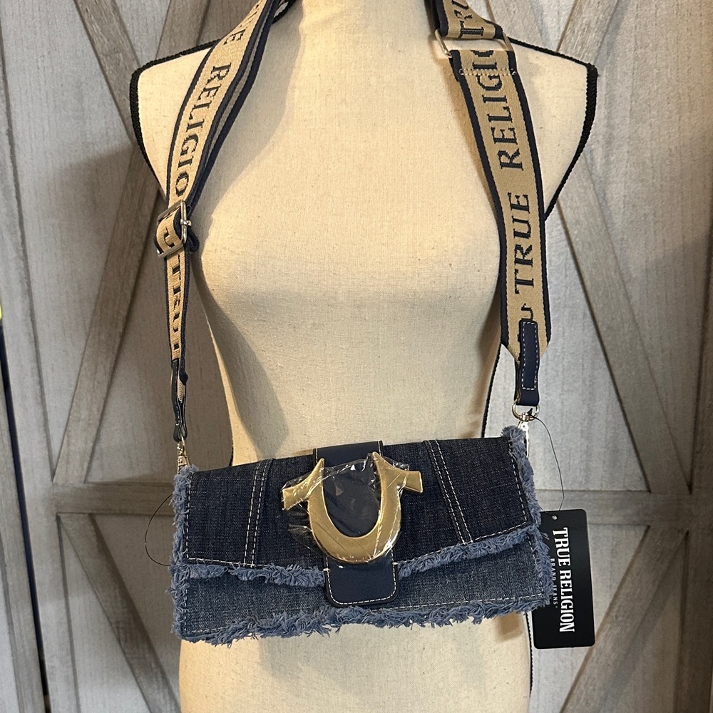 True Religion Frayed Denim Crossbody Bag - Blue and Gold